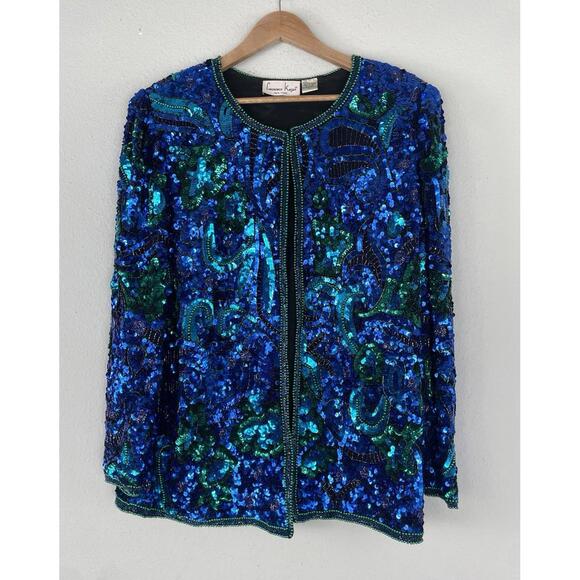 Vintage Lawrence Kazar Sequin Beaded Silk Jacket Blue Green Open Style Size 1X - Picture 1 of 10